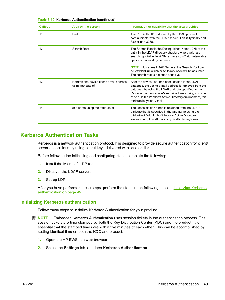 Kerberos authentication tasks, Initializing kerberos authentication | HP Color LaserJet CM3530 Multifunction Printer series User Manual | Page 61 / 128