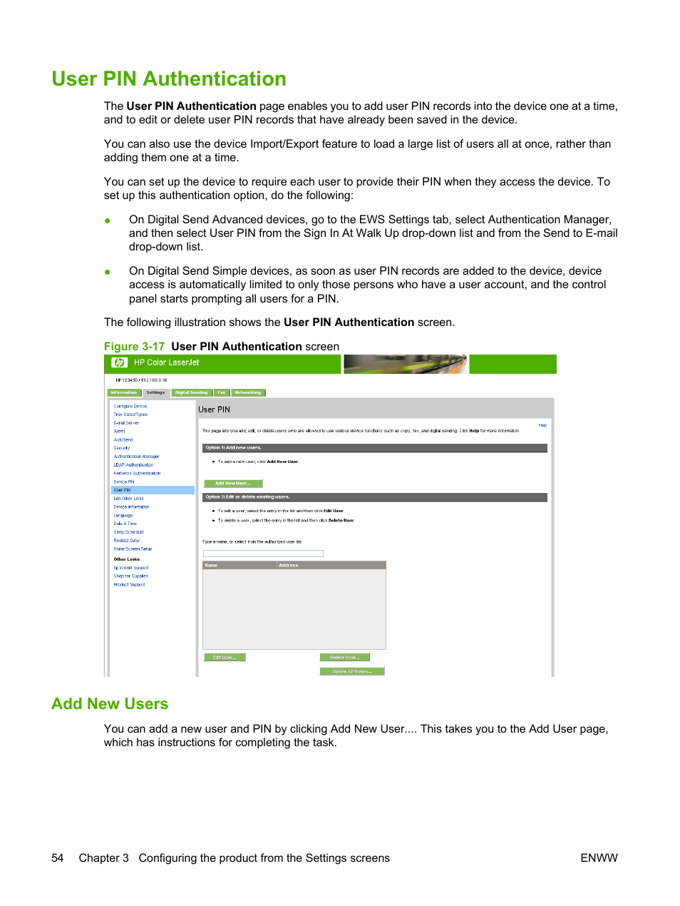 User pin authentication, Add new users, Figure 3-17 user pin authentication screen | HP Color LaserJet CM3530 Multifunction Printer series User Manual | Page 66 / 128