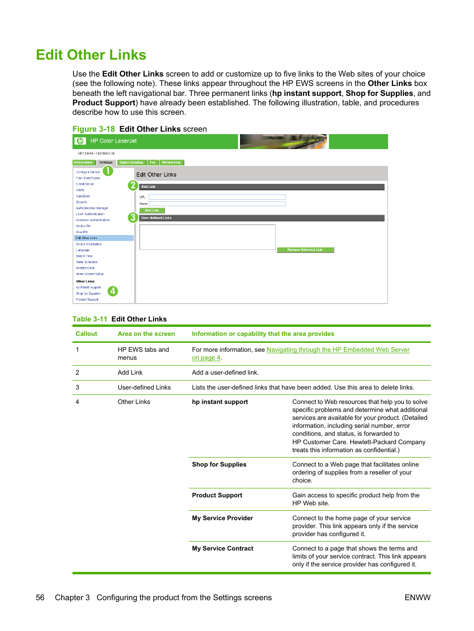 Edit other links, Table 3-11 edit other links, Figure 3-18 edit other links screen | HP Color LaserJet CM3530 Multifunction Printer series User Manual | Page 68 / 128