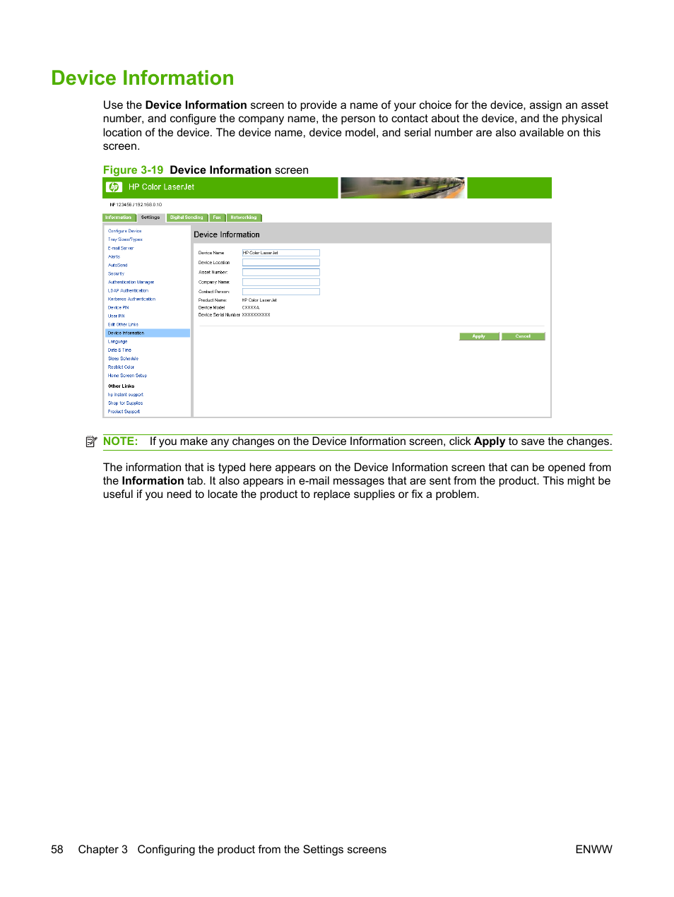 Device information, Figure 3-19 device information screen | HP Color LaserJet CM3530 Multifunction Printer series User Manual | Page 70 / 128