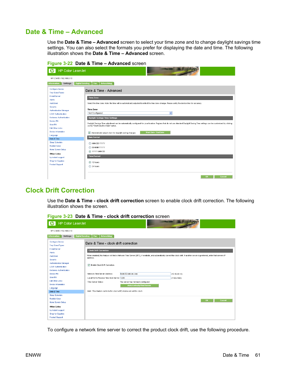 Date & time – advanced, Clock drift correction, Date & time – advanced clock drift correction | Figure 3-22 date & time – advanced screen | HP Color LaserJet CM3530 Multifunction Printer series User Manual | Page 73 / 128