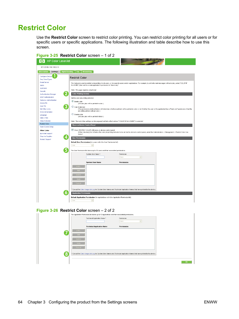 Restrict color, Figure 3-25 restrict color screen – 1 of 2, Figure 3-26 restrict color screen – 2 of 2 | HP Color LaserJet CM3530 Multifunction Printer series User Manual | Page 76 / 128