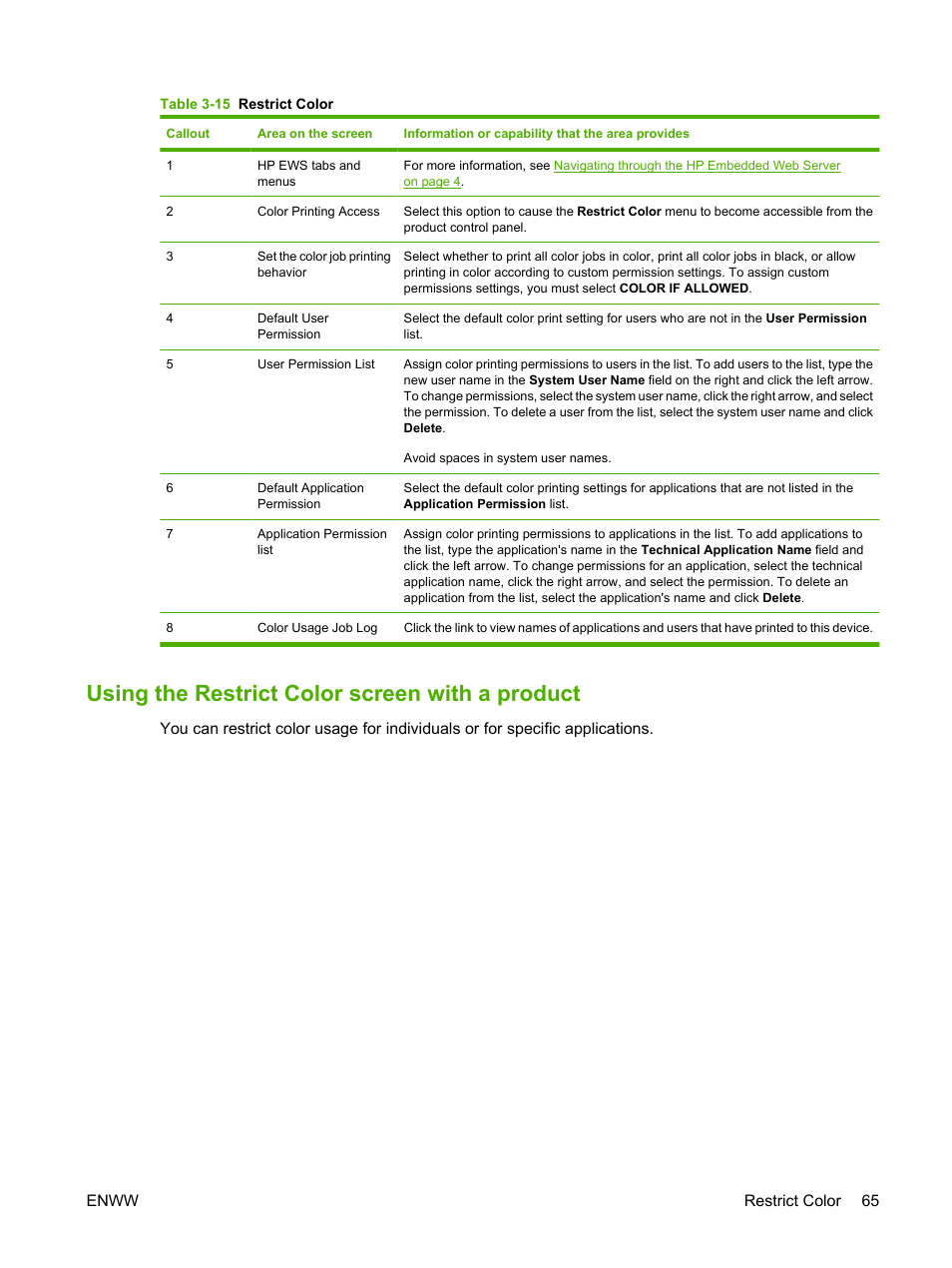 Using the restrict color screen with a product, Table 3-15 restrict color | HP Color LaserJet CM3530 Multifunction Printer series User Manual | Page 77 / 128