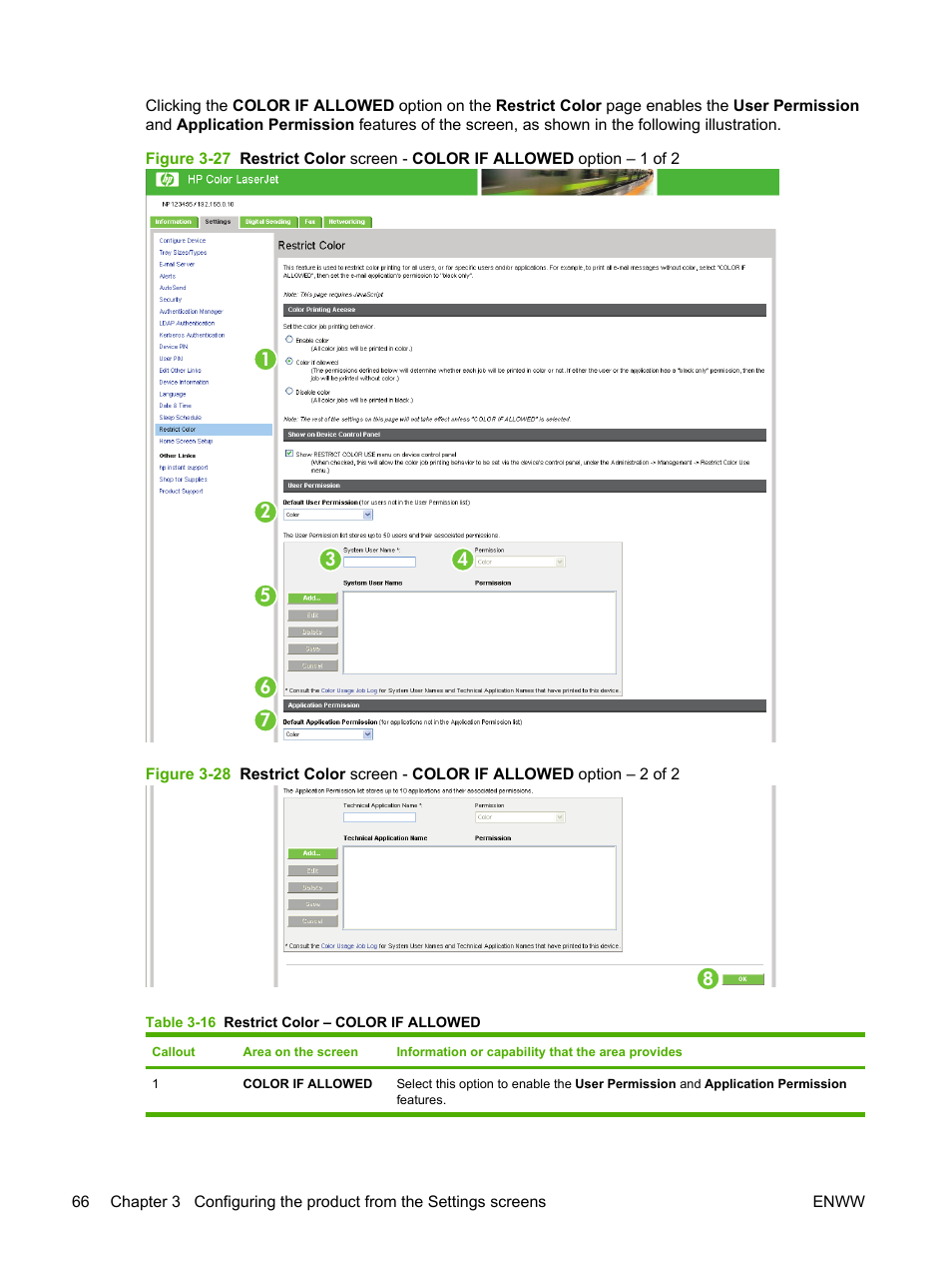 Table 3-16 restrict color – color if allowed | HP Color LaserJet CM3530 Multifunction Printer series User Manual | Page 78 / 128