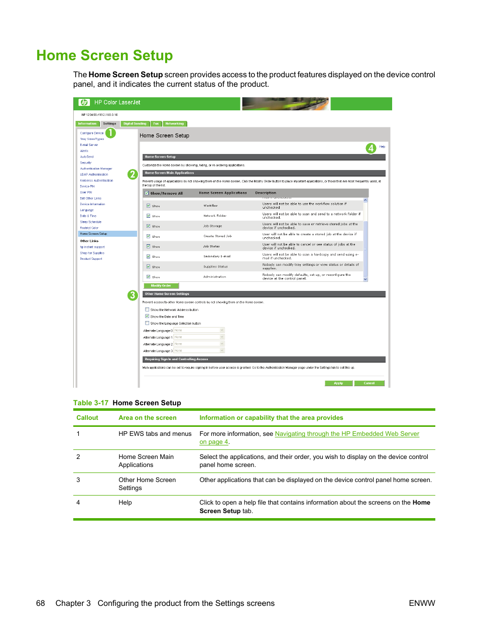 Home screen setup, Table 3-17 home screen setup | HP Color LaserJet CM3530 Multifunction Printer series User Manual | Page 80 / 128