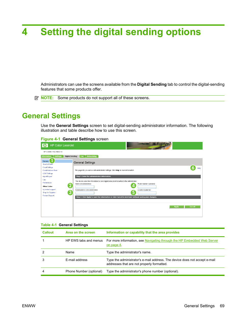 Setting the digital sending options, General settings, 4 setting the digital sending options | Table 4-1 general settings, Figure 4-1 general settings screen, 4setting the digital sending options | HP Color LaserJet CM3530 Multifunction Printer series User Manual | Page 81 / 128