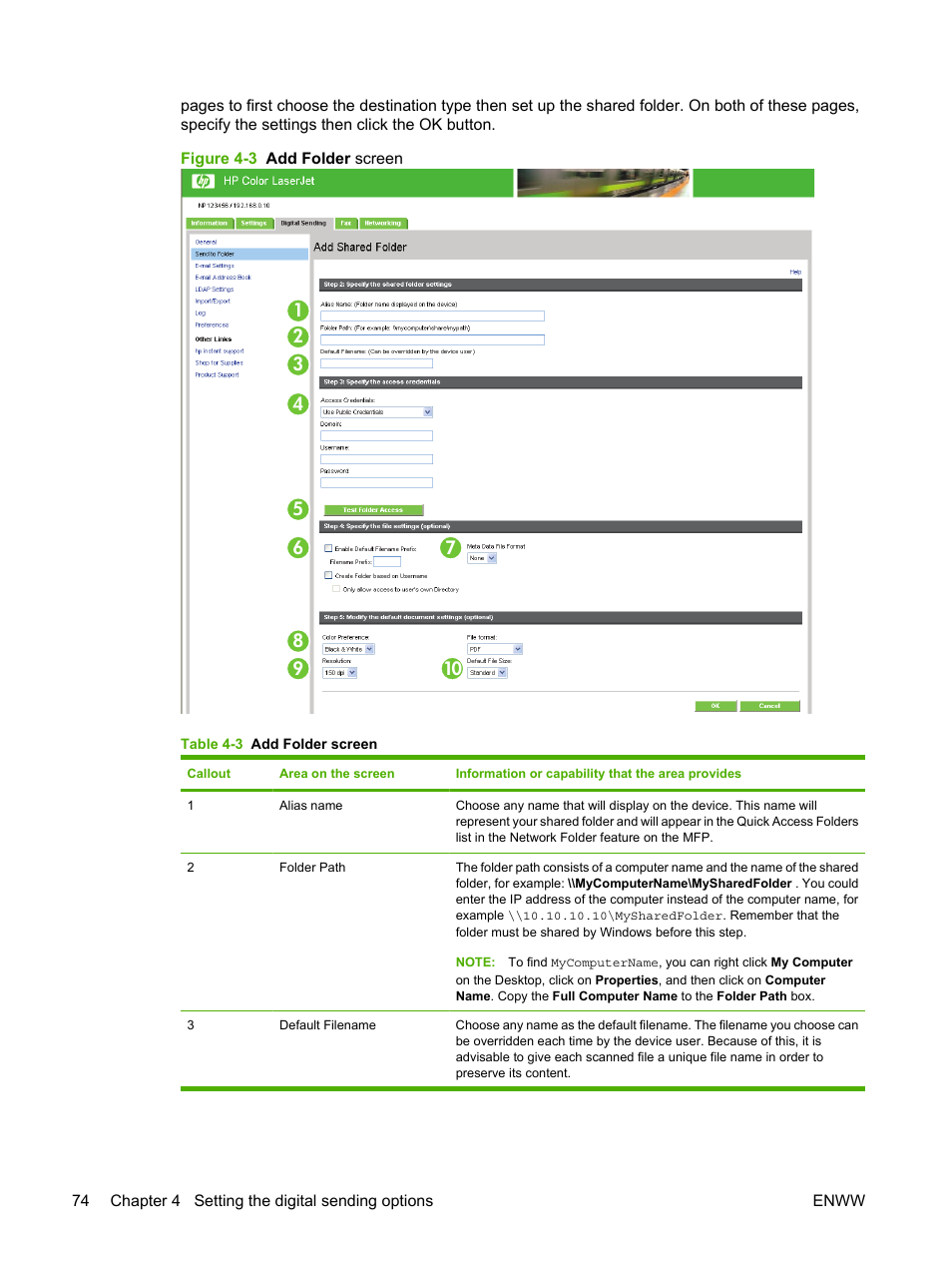 Table 4-3 add folder screen, Figure 4-3 add folder screen | HP Color LaserJet CM3530 Multifunction Printer series User Manual | Page 86 / 128