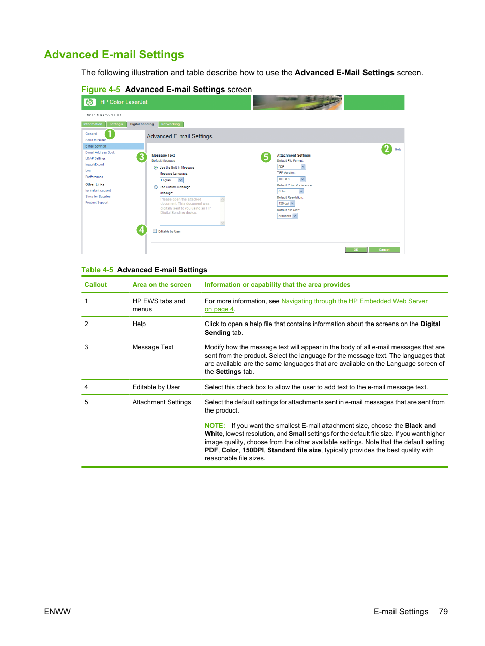 Advanced e-mail settings, Table 4-5 advanced e-mail settings, Figure 4-5 advanced e-mail settings screen | HP Color LaserJet CM3530 Multifunction Printer series User Manual | Page 91 / 128