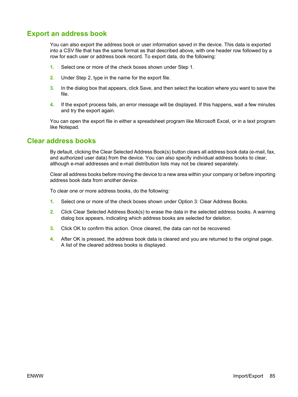 Export an address book, Clear address books, Export an address book clear address books | HP Color LaserJet CM3530 Multifunction Printer series User Manual | Page 97 / 128