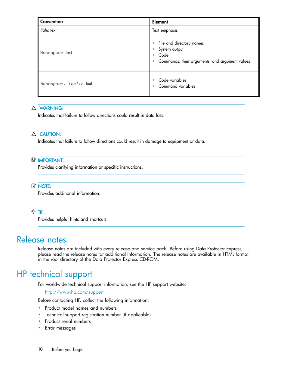 Release notes, Hp technical support | HP Data Protector Express Basic-Software User Manual | Page 10 / 93