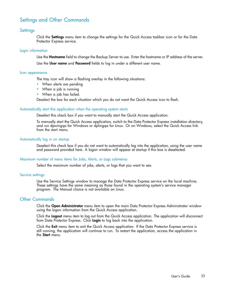 Settings and other commands, Settings, Other commands | HP Data Protector Express Basic-Software User Manual | Page 23 / 93