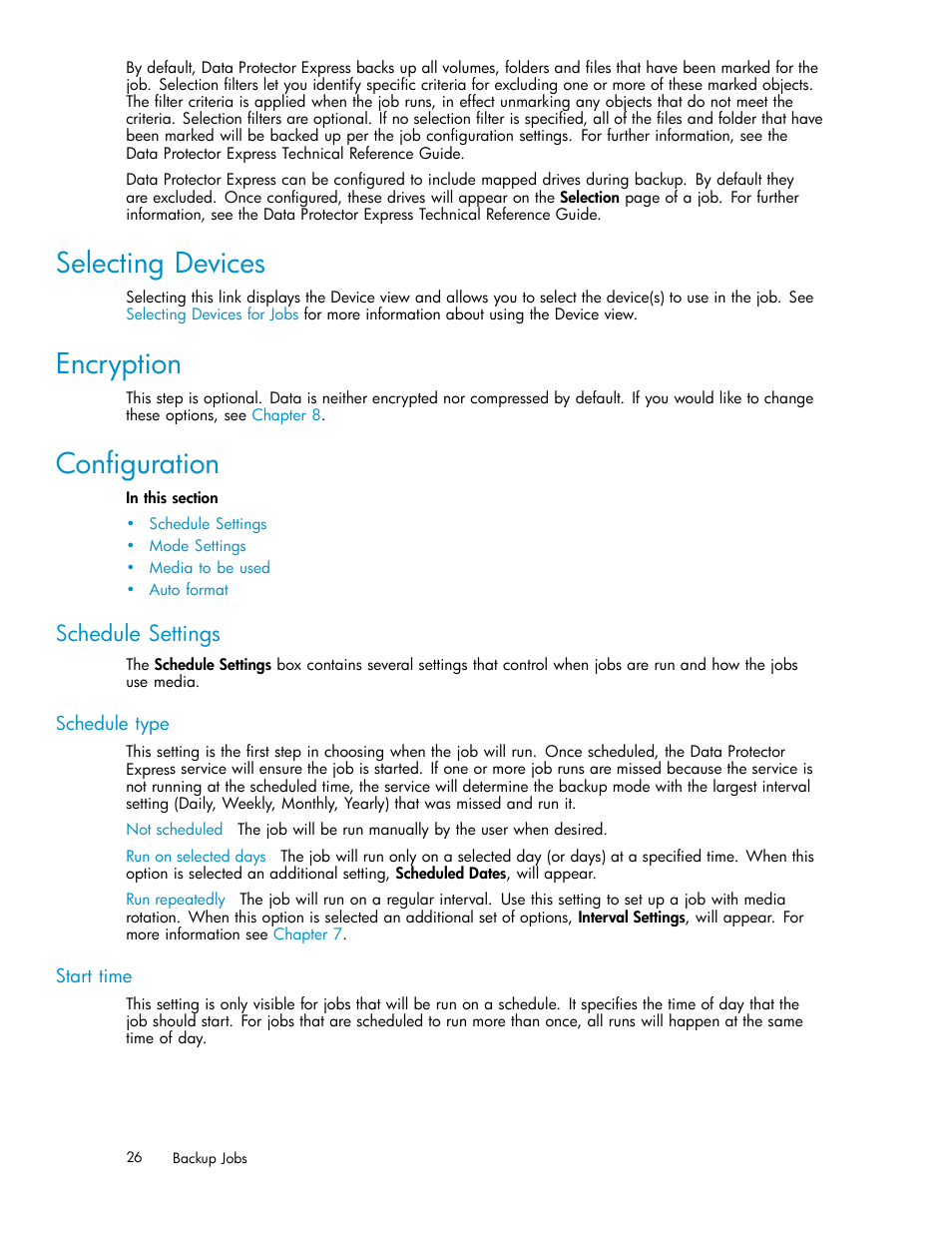 Selecting devices, Encryption, Configuration | Schedule settings, Schedule type, Start time | HP Data Protector Express Basic-Software User Manual | Page 26 / 93