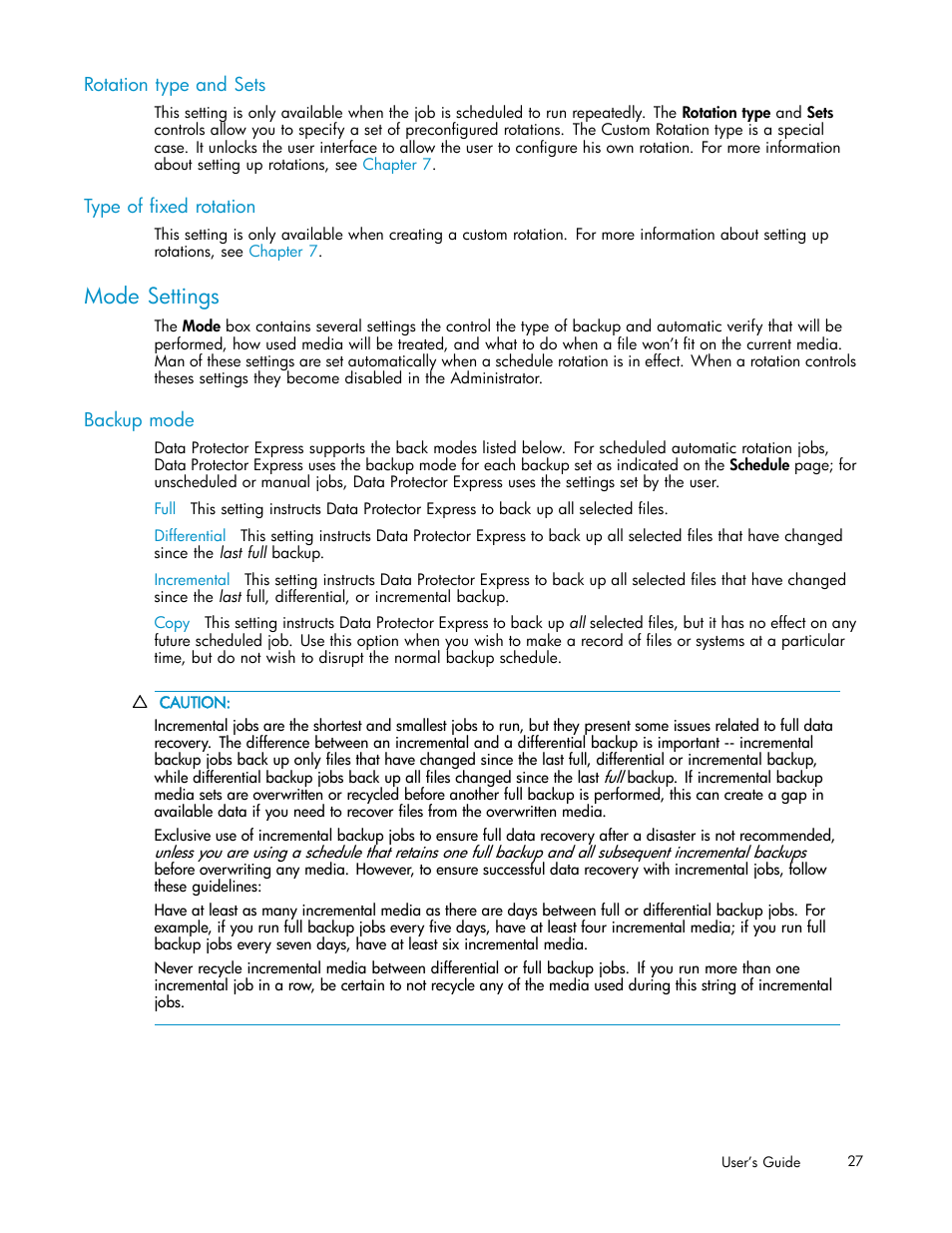 Rotation type and sets, Type of fixed rotation, Mode settings | Backup mode | HP Data Protector Express Basic-Software User Manual | Page 27 / 93