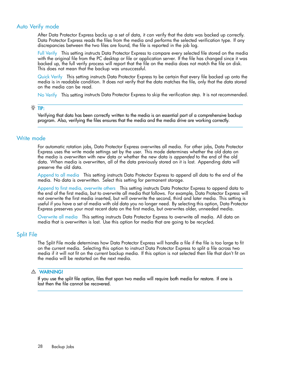 Auto verify mode, Write mode, Split file | HP Data Protector Express Basic-Software User Manual | Page 28 / 93