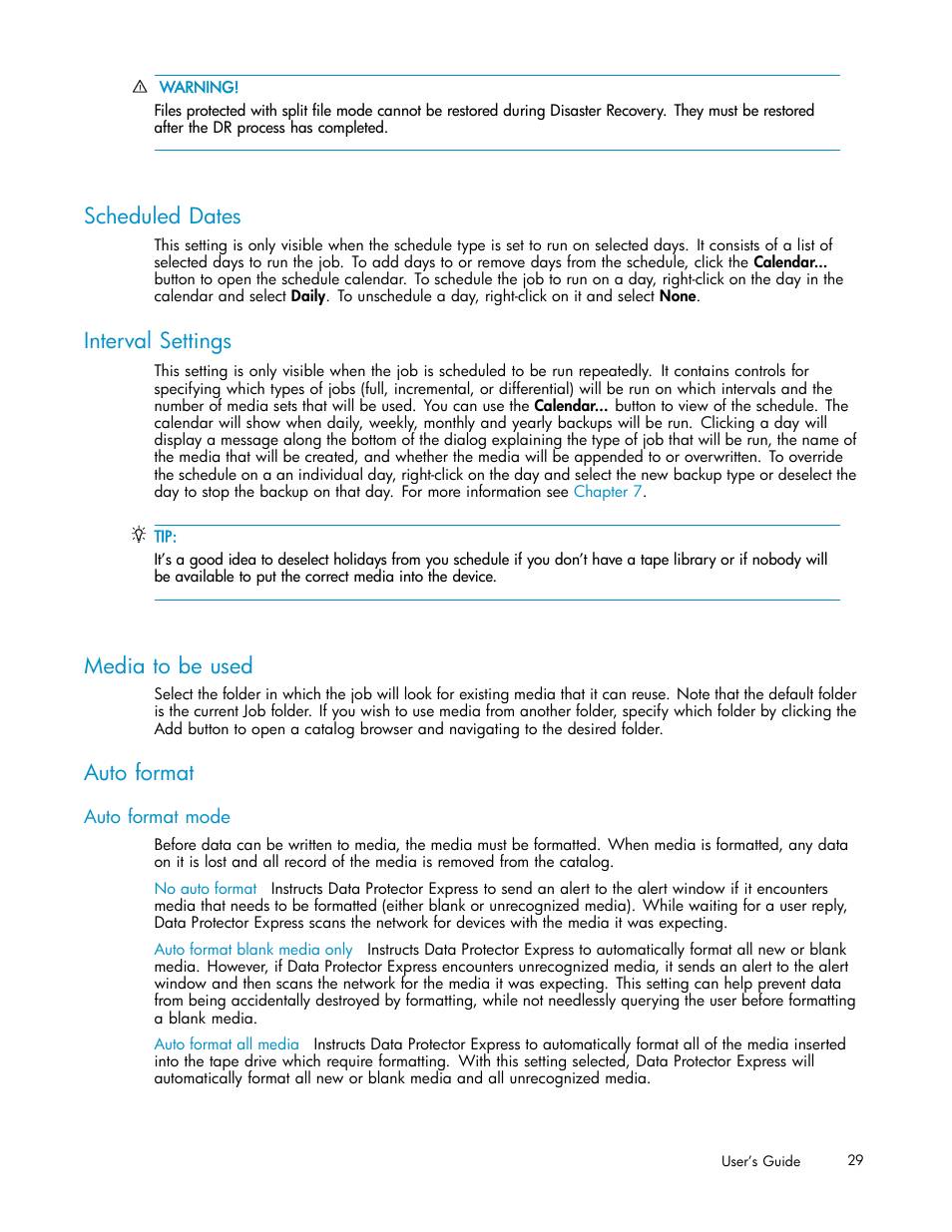 Scheduled dates, Interval settings, Media to be used | Auto format, Auto format mode | HP Data Protector Express Basic-Software User Manual | Page 29 / 93