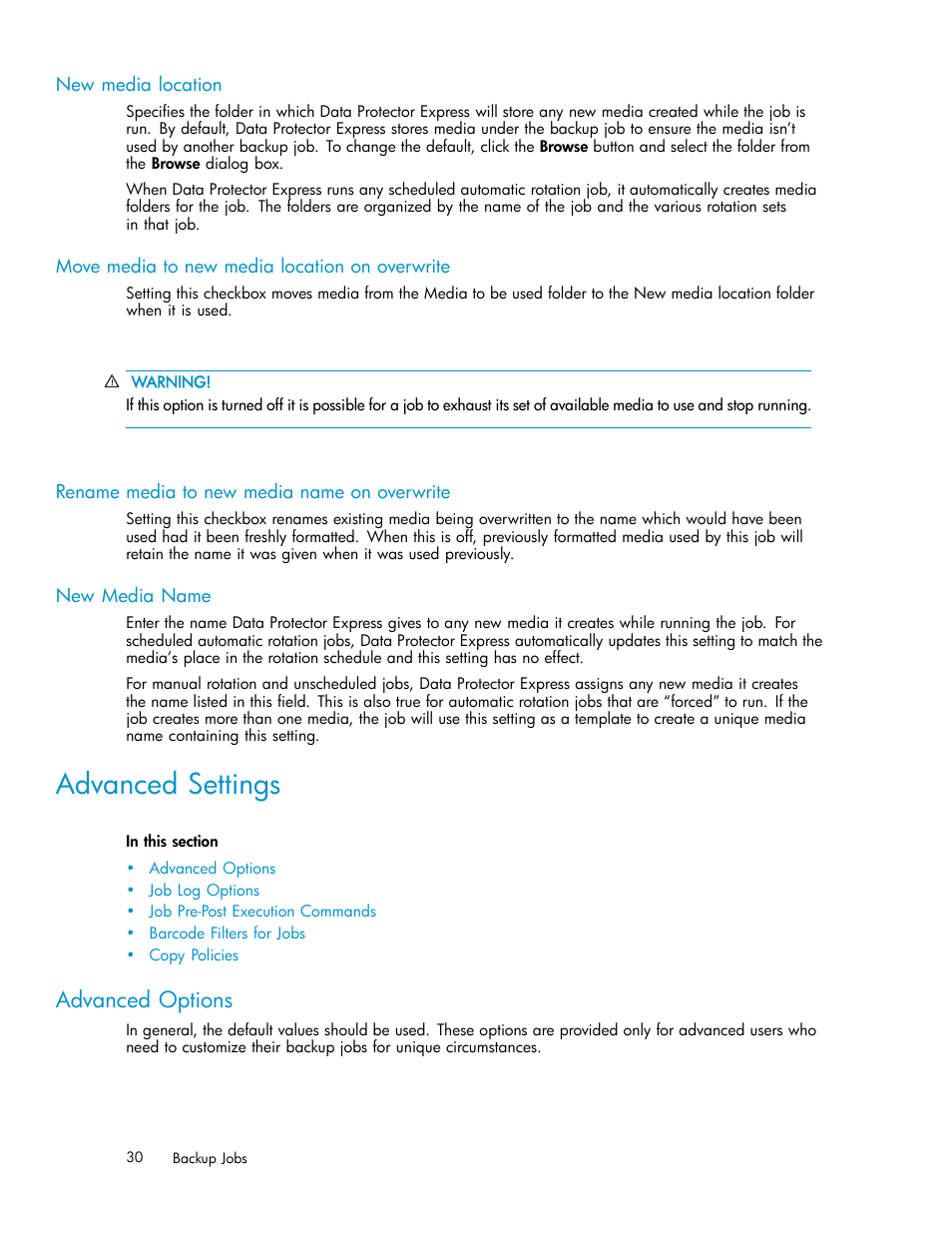 New media location, Move media to new media location on overwrite, Rename media to new media name on overwrite | New media name, Advanced settings, Advanced options | HP Data Protector Express Basic-Software User Manual | Page 30 / 93