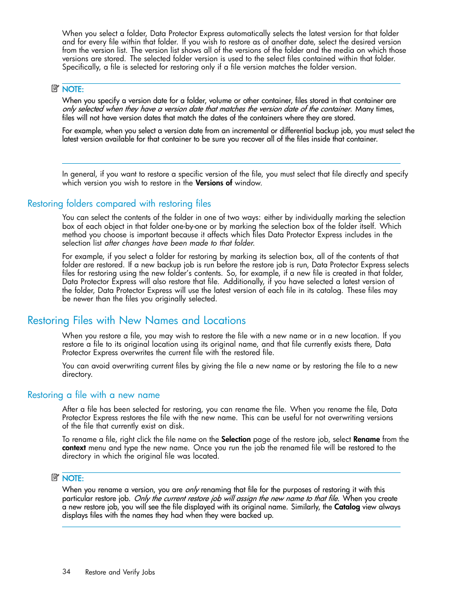 Restoring folders compared with restoring files, Restoring files with new names and locations, Restoring a file with a new name | HP Data Protector Express Basic-Software User Manual | Page 34 / 93