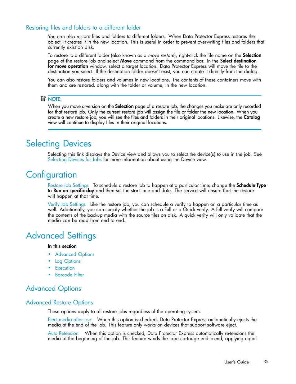 Restoring files and folders to a different folder, Selecting devices, Configuration | Advanced settings, Advanced options, Advanced restore options | HP Data Protector Express Basic-Software User Manual | Page 35 / 93