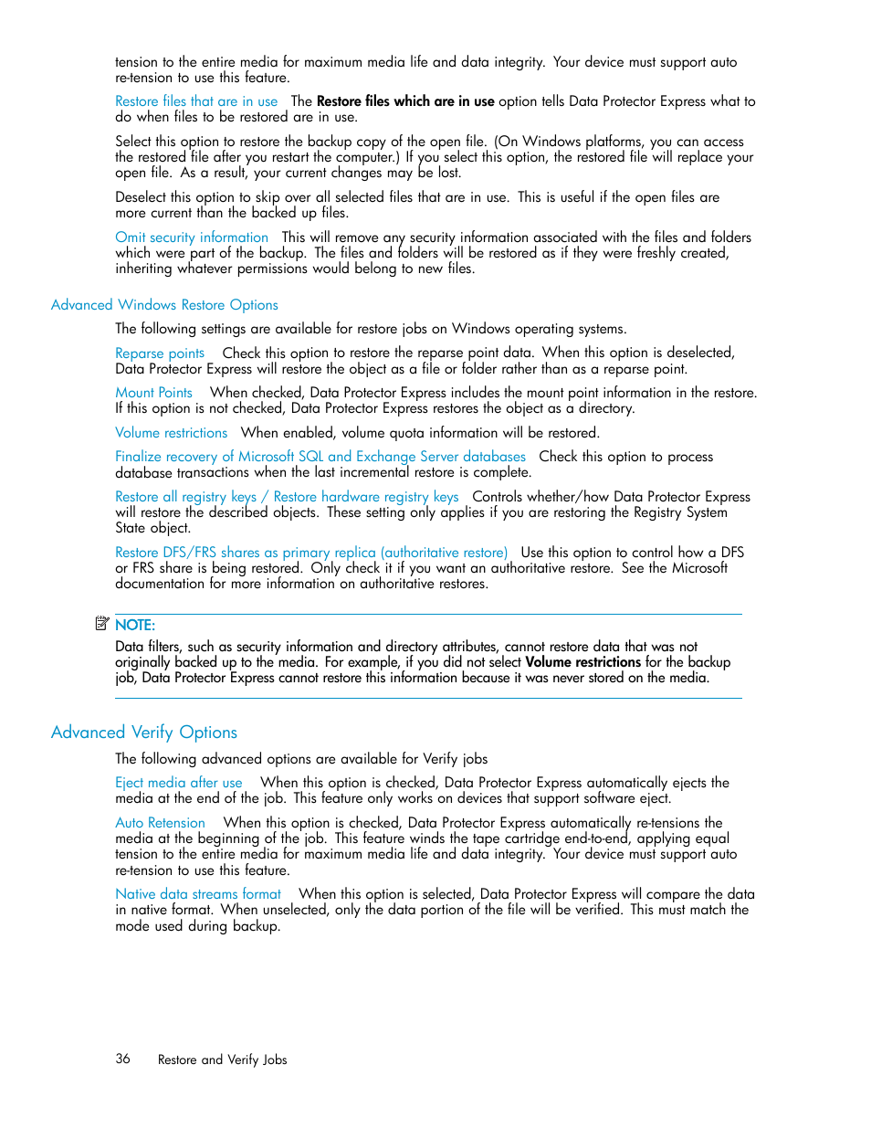 Advanced verify options | HP Data Protector Express Basic-Software User Manual | Page 36 / 93