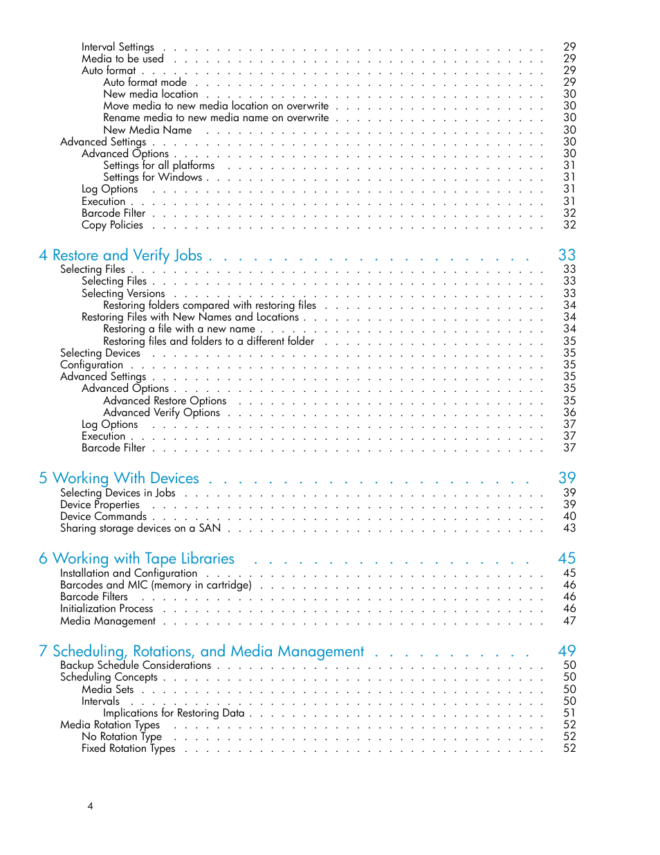 4 restore and verify jobs, 5 working with devices, 6 working with tape libraries | 7 scheduling, rotations, and media management | HP Data Protector Express Basic-Software User Manual | Page 4 / 93