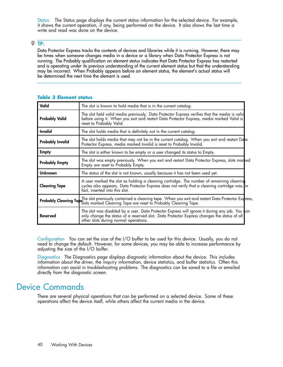 Device commands, 3 element status | HP Data Protector Express Basic-Software User Manual | Page 40 / 93