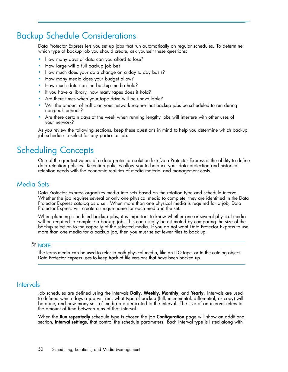 Backup schedule considerations, Scheduling concepts, Media sets | Intervals | HP Data Protector Express Basic-Software User Manual | Page 50 / 93
