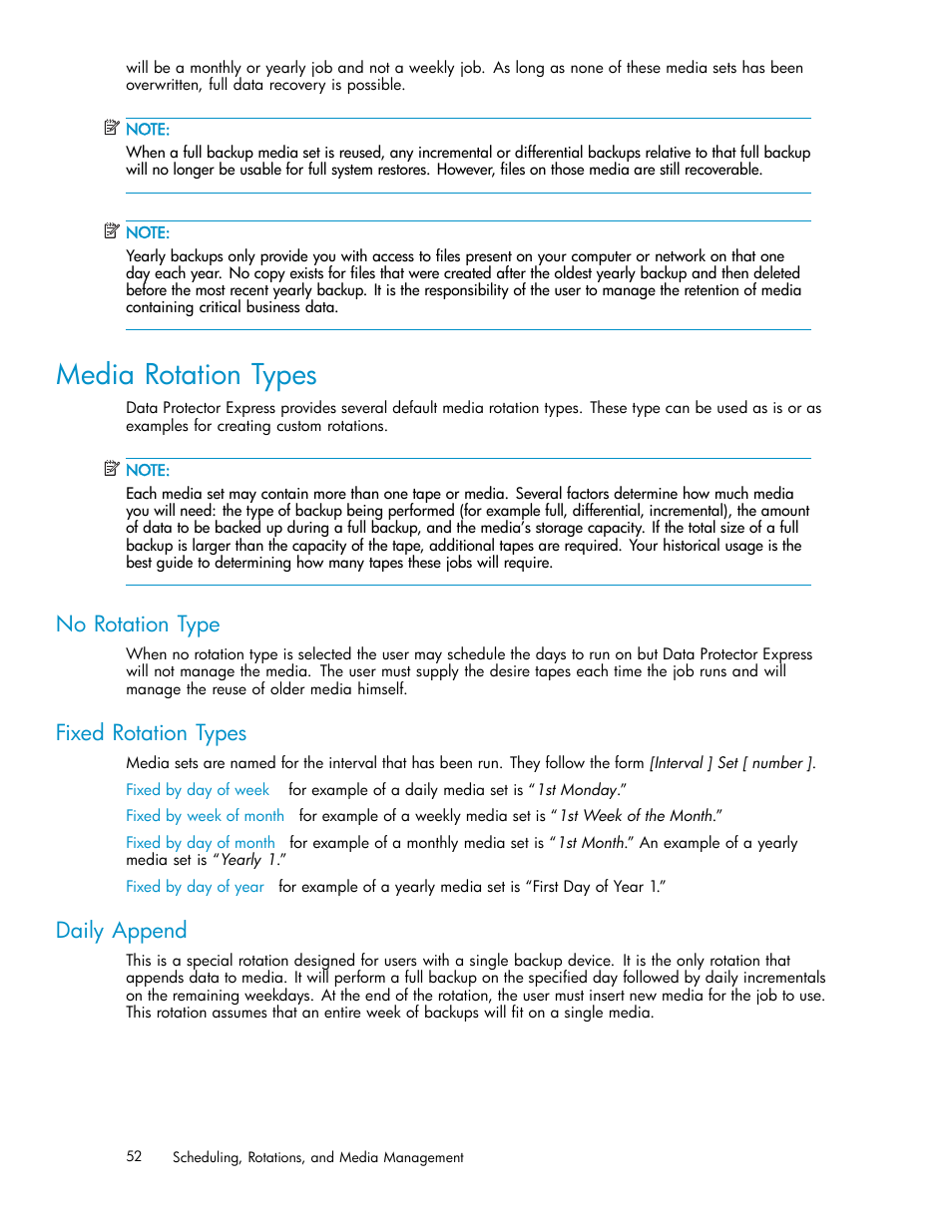 Media rotation types, No rotation type, Fixed rotation types | Daily append | HP Data Protector Express Basic-Software User Manual | Page 52 / 93