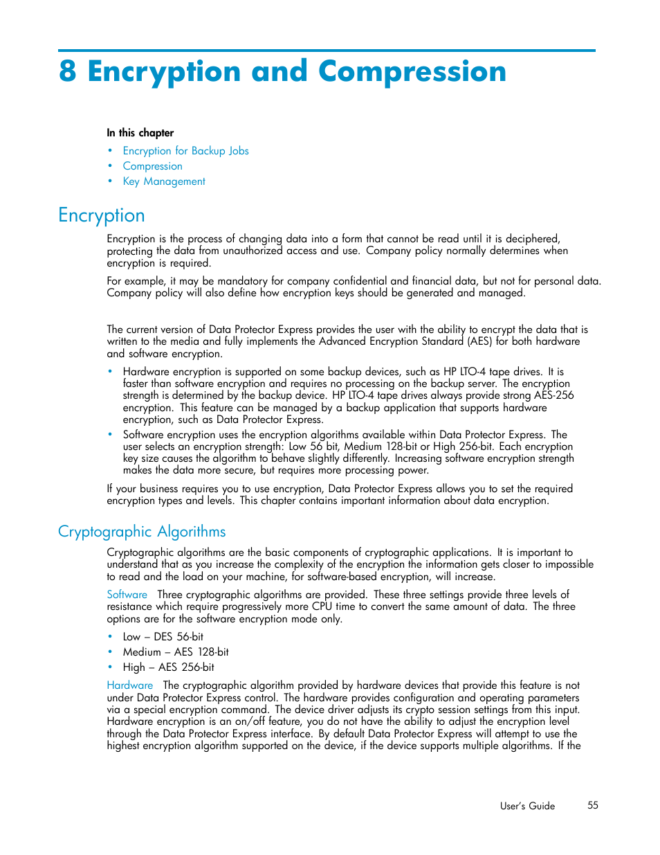 8 encryption and compression, Encryption, Cryptographic algorithms | Chapter 8 | HP Data Protector Express Basic-Software User Manual | Page 55 / 93