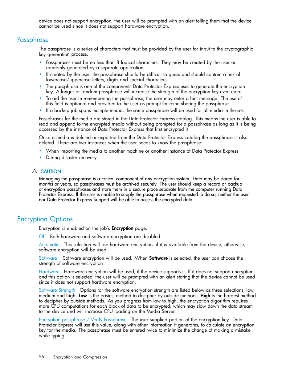 Passphrase, Encryption options | HP Data Protector Express Basic-Software User Manual | Page 56 / 93