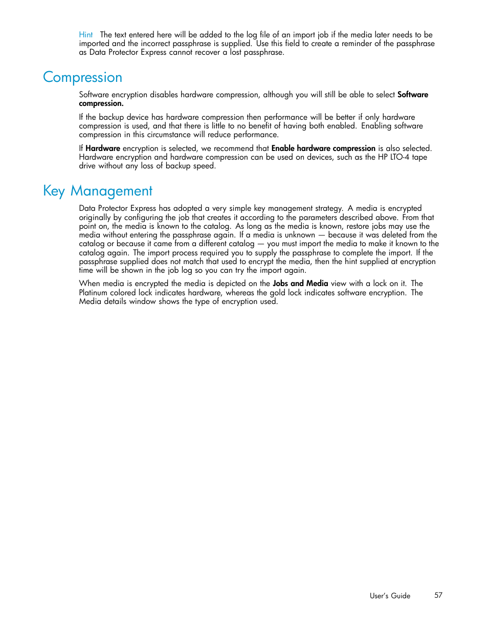 Compression, Key management | HP Data Protector Express Basic-Software User Manual | Page 57 / 93