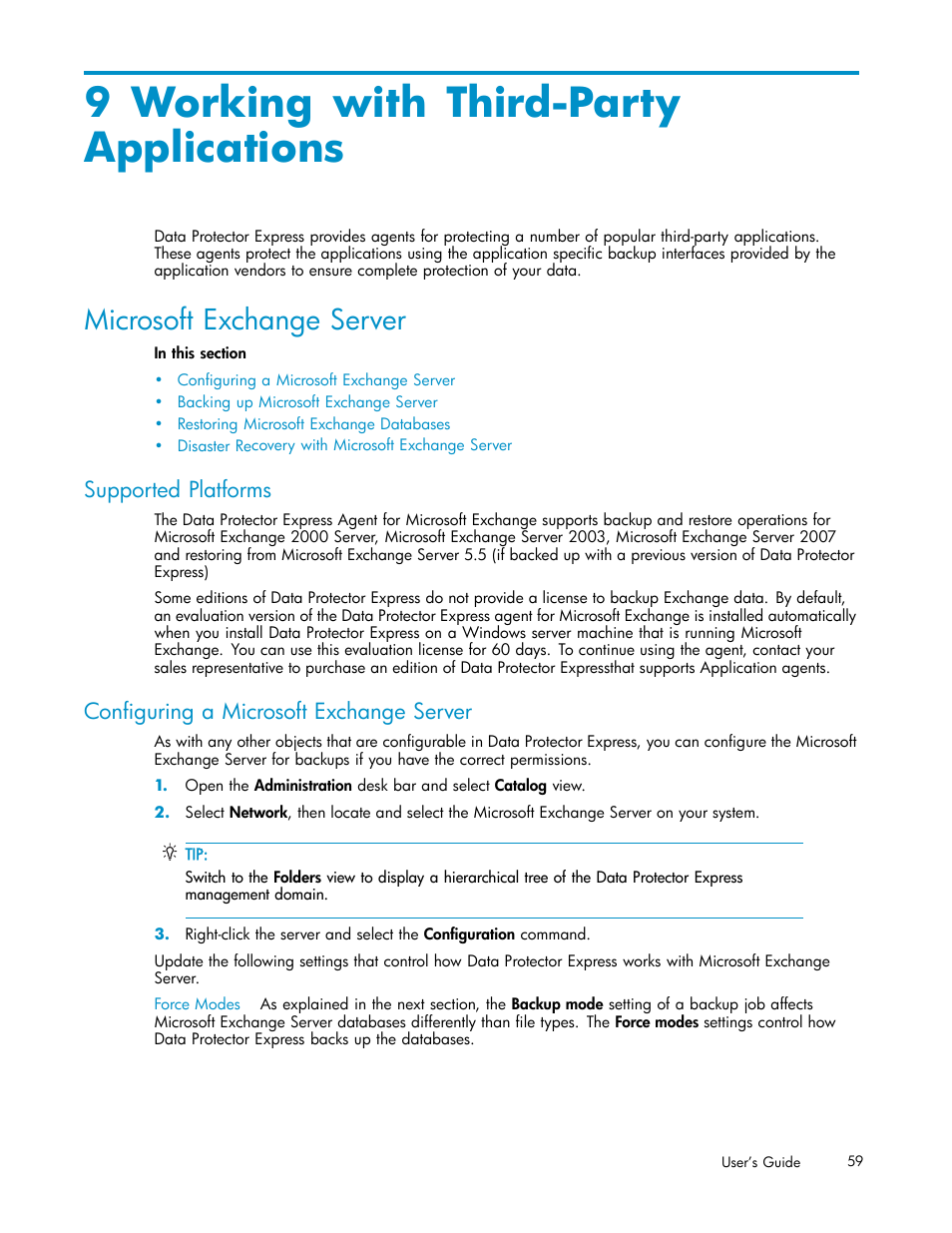 9 working with third-party applications, Microsoft exchange server, Configuring a microsoft exchange server | Supported platforms | HP Data Protector Express Basic-Software User Manual | Page 59 / 93