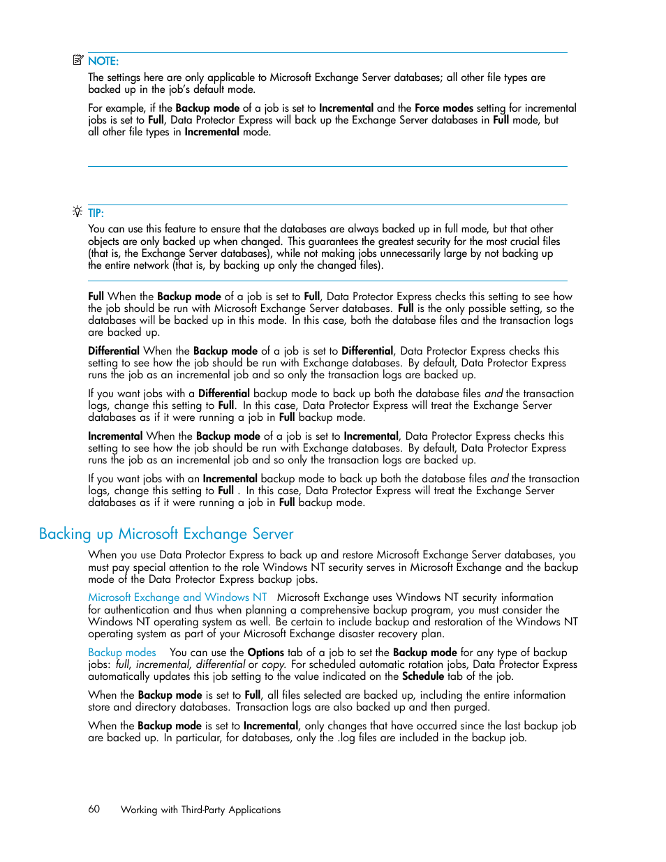 Backing up microsoft exchange server | HP Data Protector Express Basic-Software User Manual | Page 60 / 93