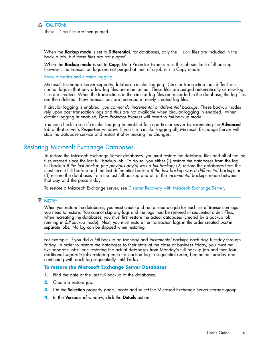Restoring microsoft exchange databases | HP Data Protector Express Basic-Software User Manual | Page 61 / 93
