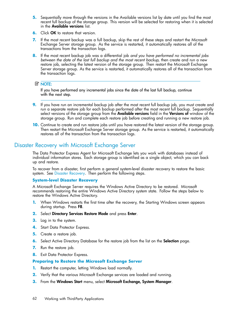 Disaster recovery with microsoft exchange server | HP Data Protector Express Basic-Software User Manual | Page 62 / 93