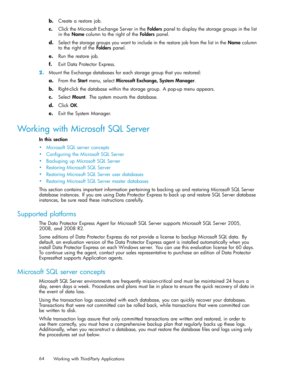 Working with microsoft sql server, Microsoft sql server concepts, Supported platforms | HP Data Protector Express Basic-Software User Manual | Page 64 / 93