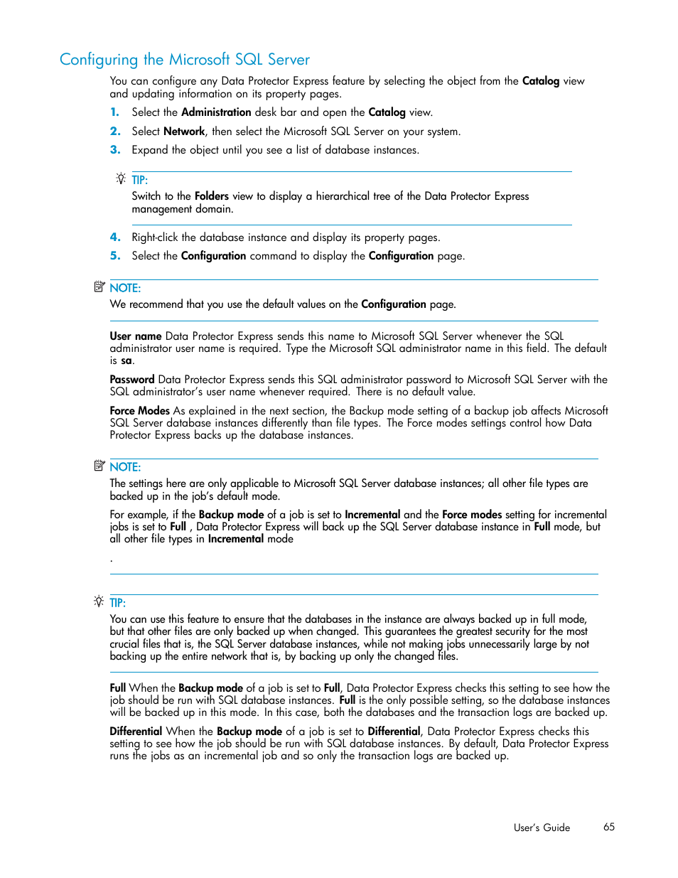 Configuring the microsoft sql server | HP Data Protector Express Basic-Software User Manual | Page 65 / 93