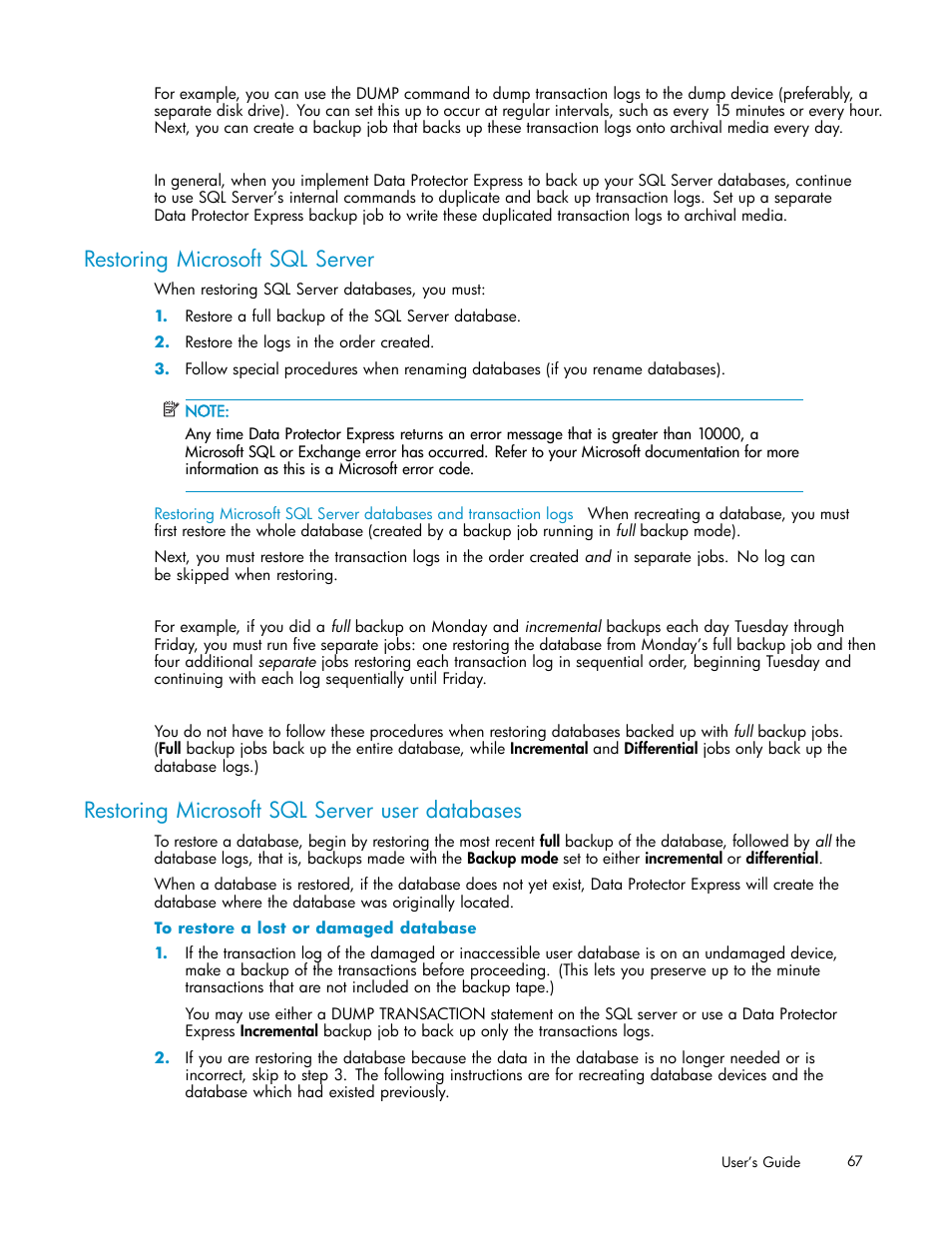 Restoring microsoft sql server, Restoring microsoft sql server user databases | HP Data Protector Express Basic-Software User Manual | Page 67 / 93