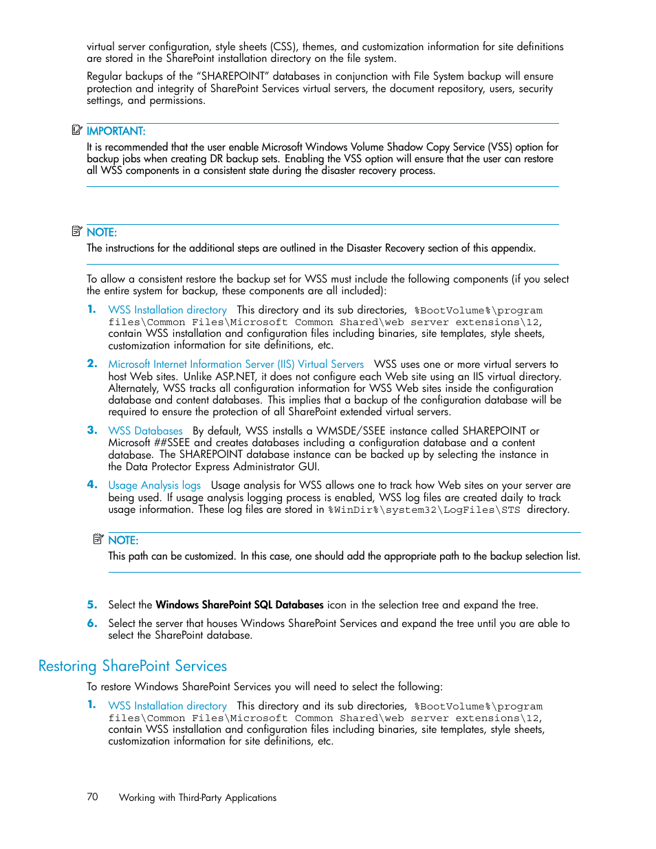 Restoring sharepoint services | HP Data Protector Express Basic-Software User Manual | Page 70 / 93