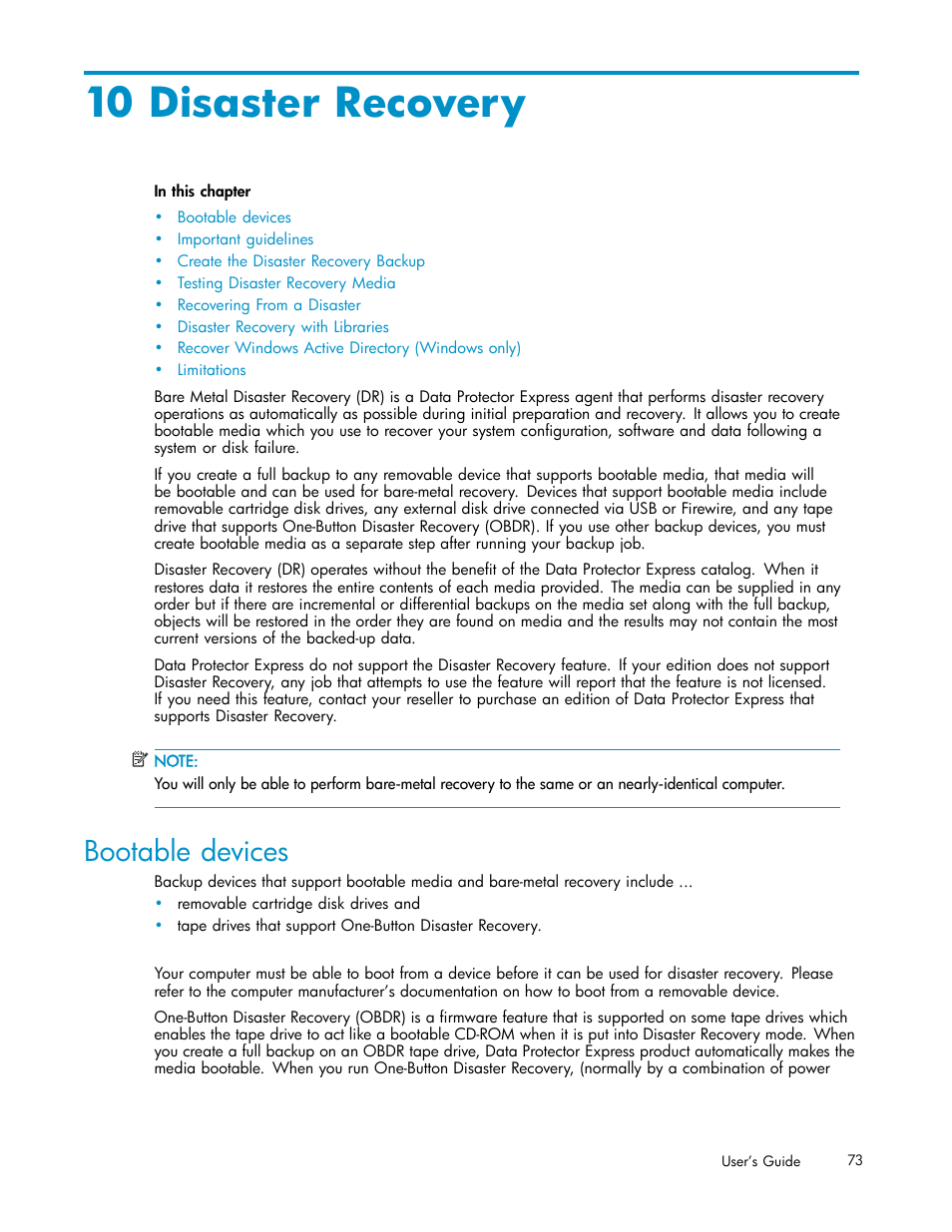 10 disaster recovery, Bootable devices | HP Data Protector Express Basic-Software User Manual | Page 73 / 93