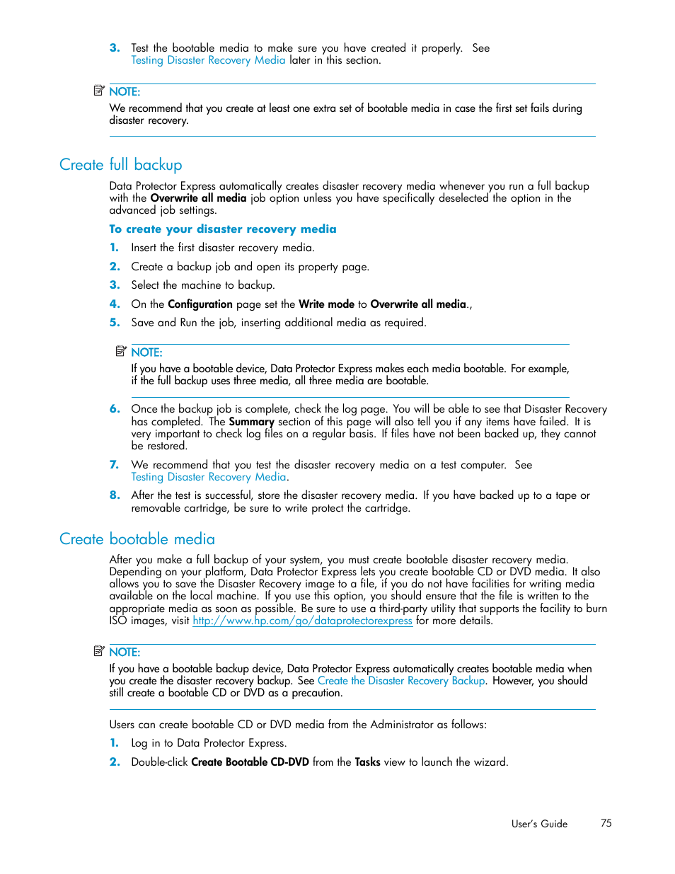 Create full backup, Create bootable media | HP Data Protector Express Basic-Software User Manual | Page 75 / 93