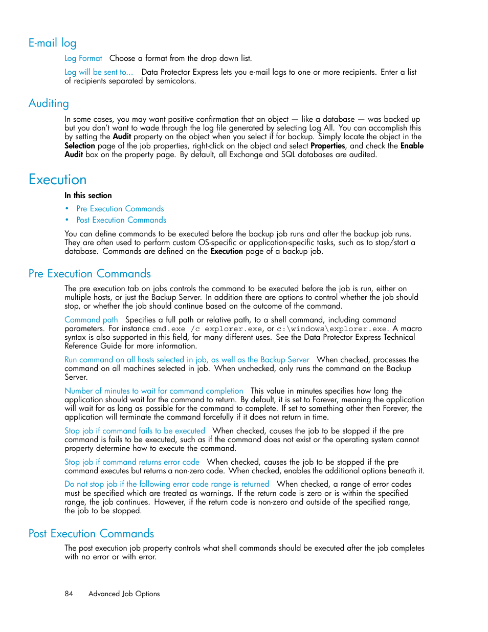 E-mail log, Auditing, Execution | Pre execution commands, Post execution commands, Job pre-post execution commands, Job pre-post execution, Commands | HP Data Protector Express Basic-Software User Manual | Page 84 / 93