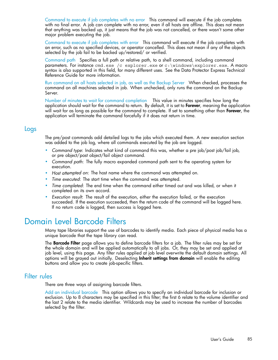 Logs, Domain level barcode filters, Filter rules | Barcode filters for jobs | HP Data Protector Express Basic-Software User Manual | Page 85 / 93