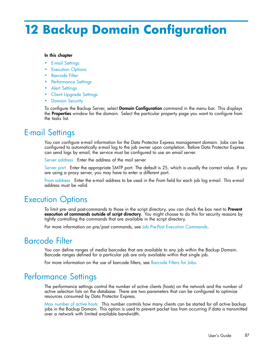 12 backup domain configuration, E-mail settings, Execution options | Barcode filter, Performance settings | HP Data Protector Express Basic-Software User Manual | Page 87 / 93