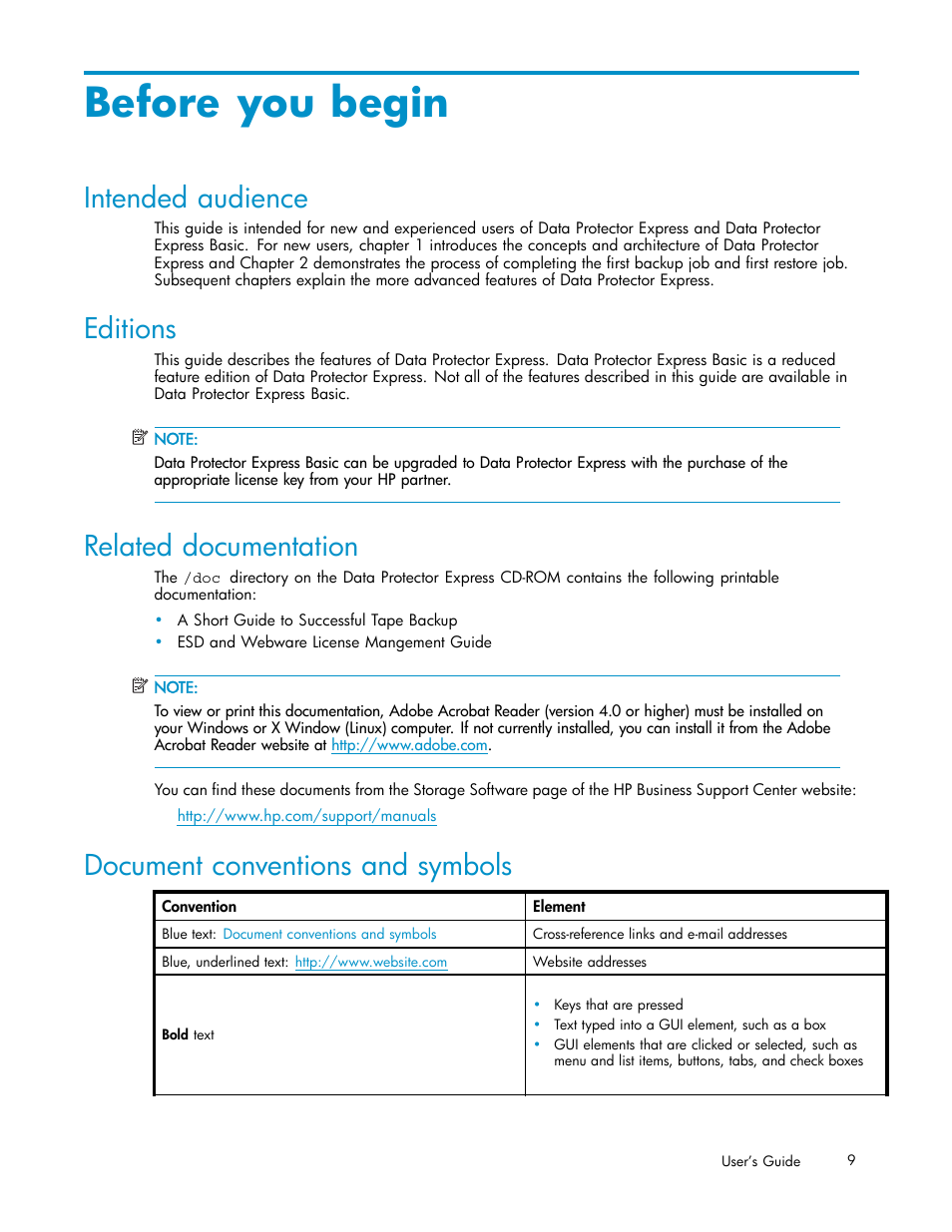 Before you begin, Intended audience, Editions | Related documentation, Document conventions and symbols | HP Data Protector Express Basic-Software User Manual | Page 9 / 93