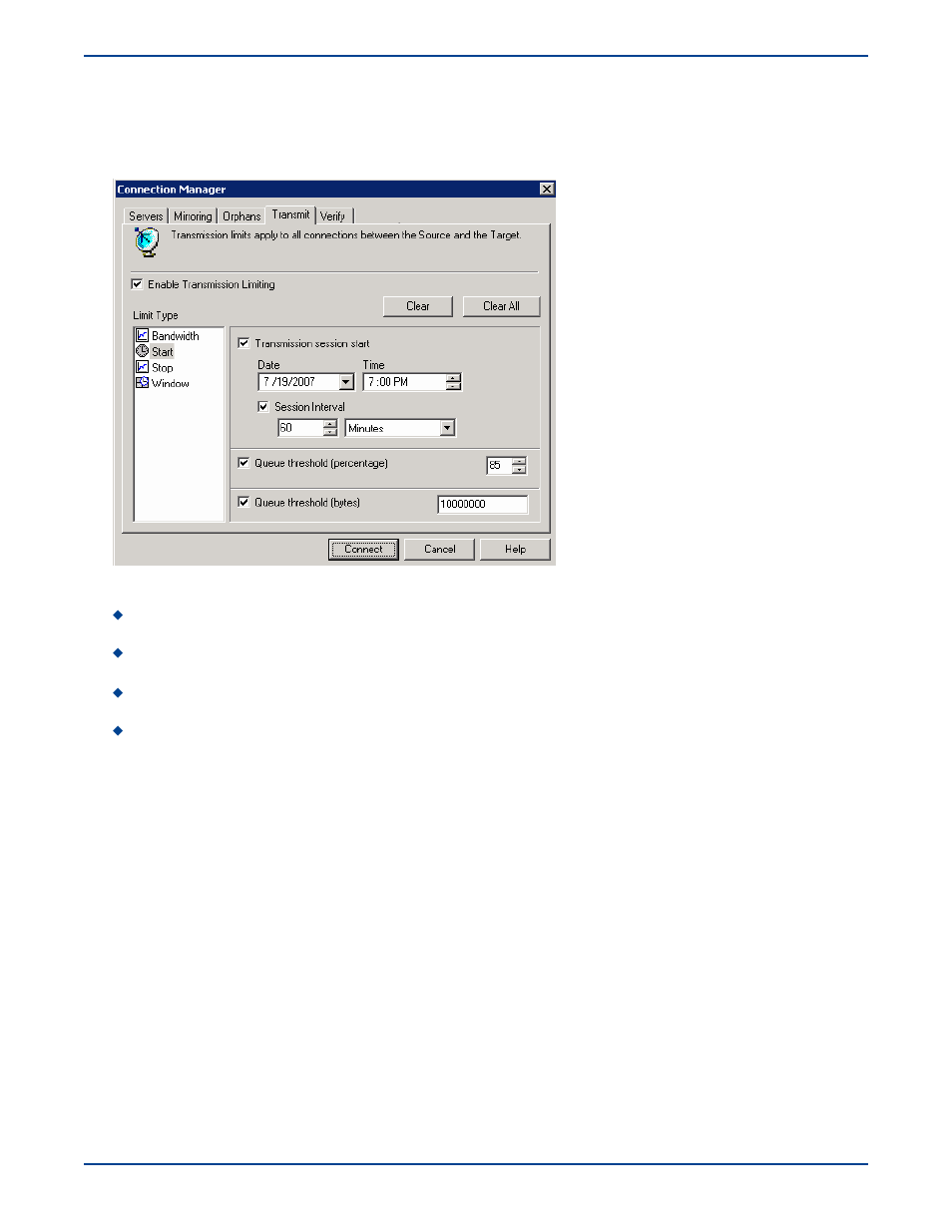 Setting transmission start criteria | HP Storage Mirroring V5 Software User Manual | Page 124 / 285