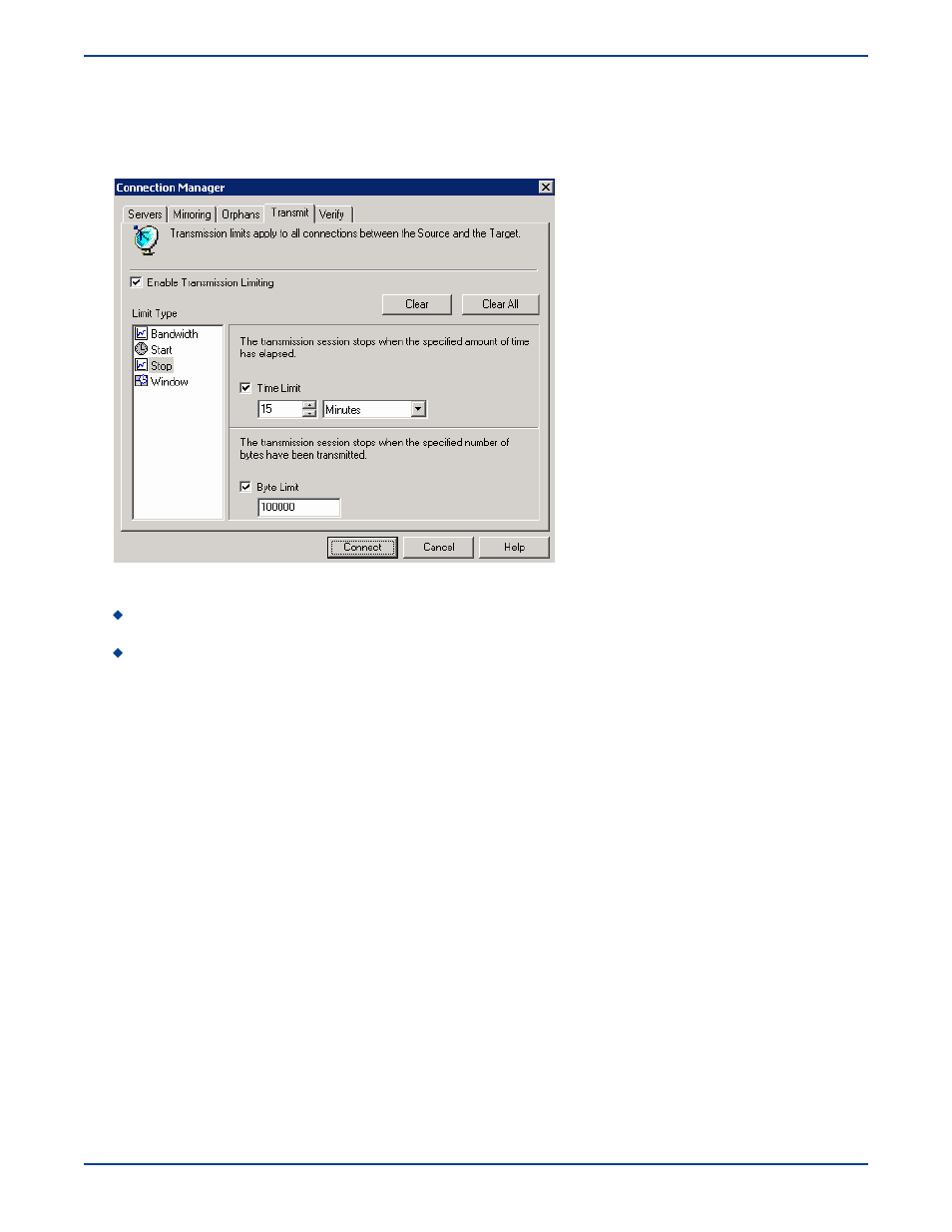 Setting transmission stop criteria | HP Storage Mirroring V5 Software User Manual | Page 125 / 285