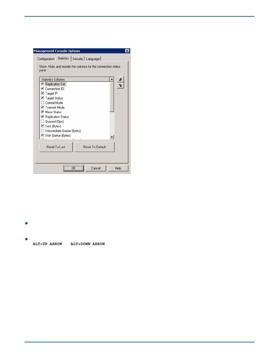 Customizing the statistics, Changing the order of the statistics, Saving statistics modifications | Reverting to the last configuration, Resetting the default configuration | HP Storage Mirroring V5 Software User Manual | Page 172 / 285