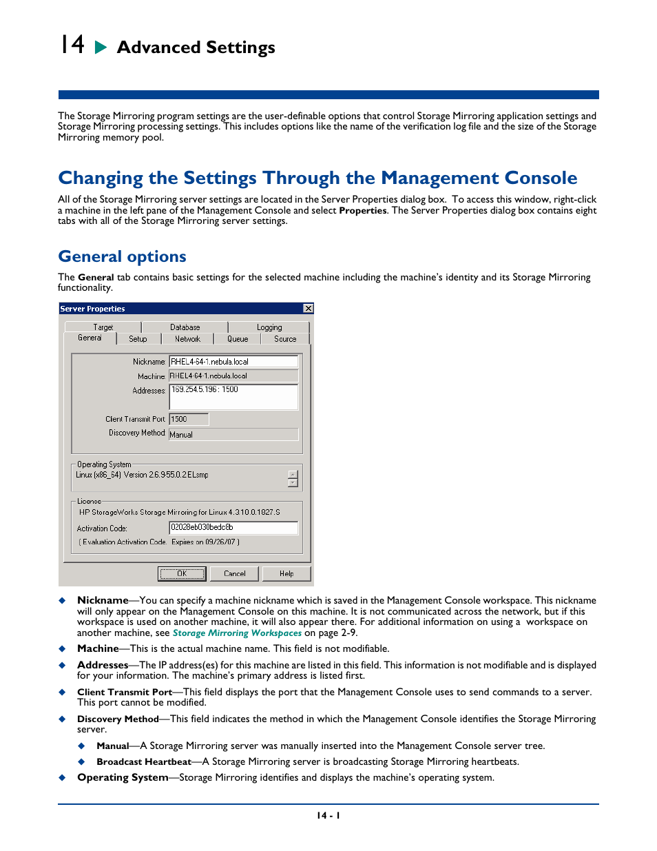 Advanced settings, General options, Chapter 14: advanced settings -1 | General options -1 | HP Storage Mirroring V5 Software User Manual | Page 208 / 285