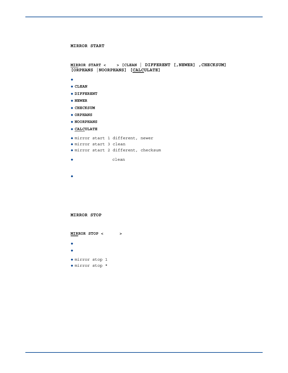 Mirror start, Mirror stop | HP Storage Mirroring V5 Software User Manual | Page 247 / 285