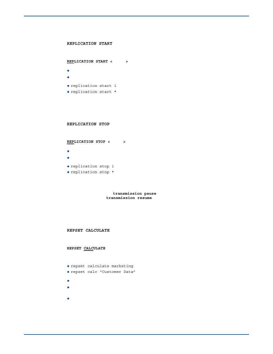 Replication start, Replication stop, Repset calculate | HP Storage Mirroring V5 Software User Manual | Page 258 / 285